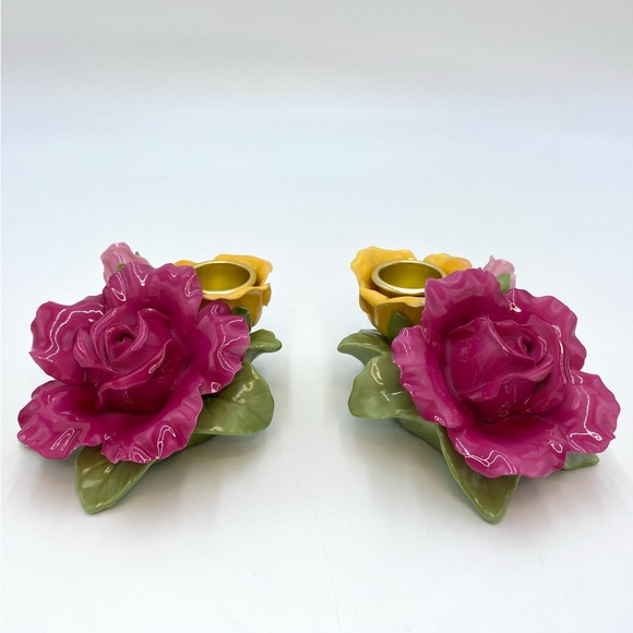 Set of 2 Royal Albert Old Country Roses Pink Yellow Sculpted Taper Candle Holder - Picture 2 of 16